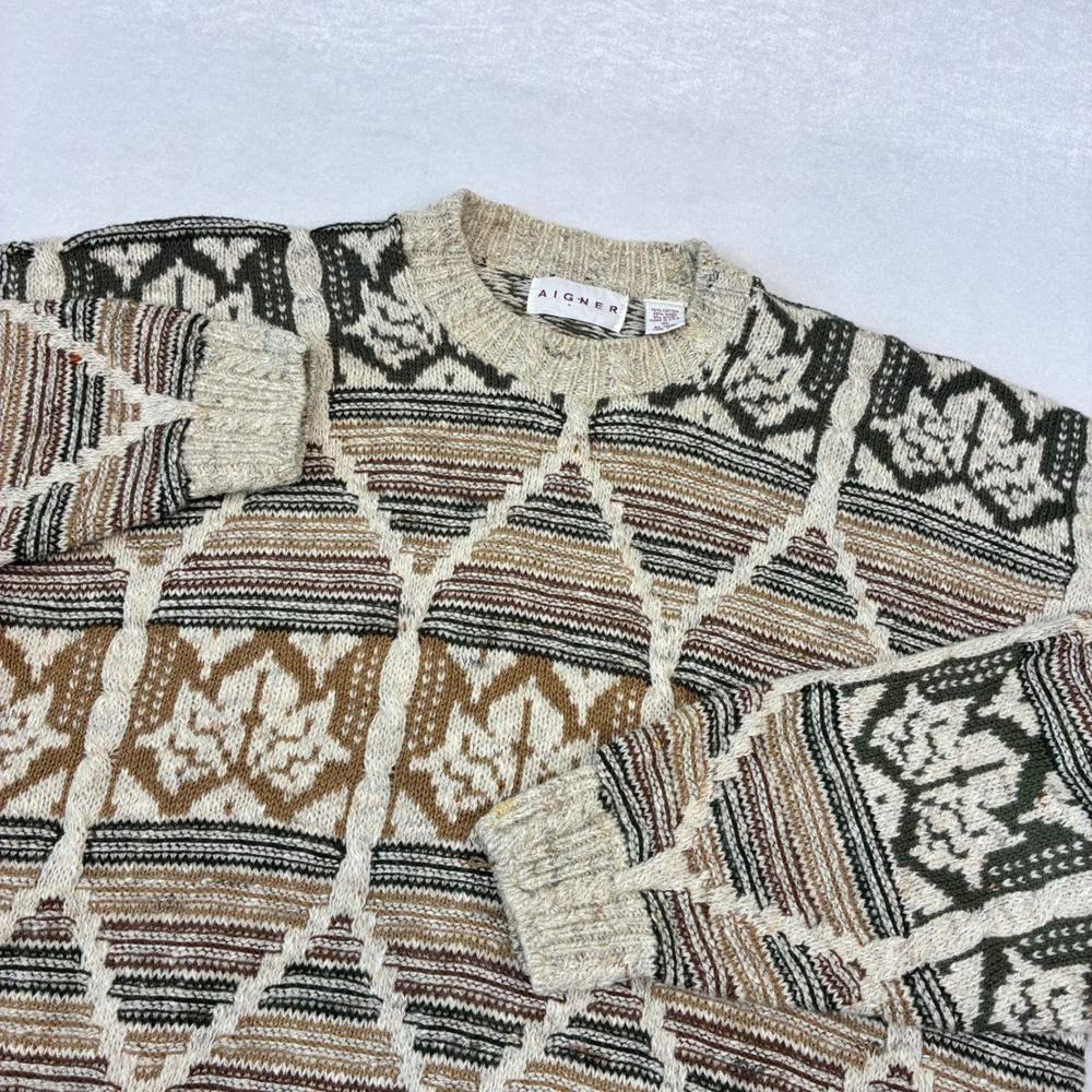 Vtg Aigner Sweater Mens XL Multicolor Geometric Wool Blend Jacquard USA Made